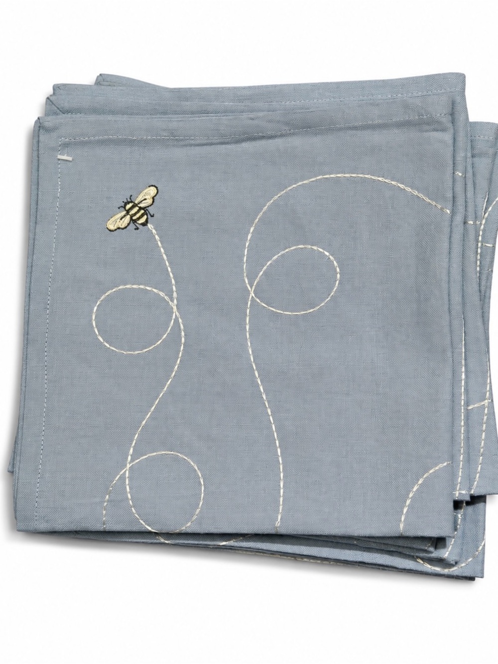 Bee Embroidered Blue Cotton Napkins - Set of 6